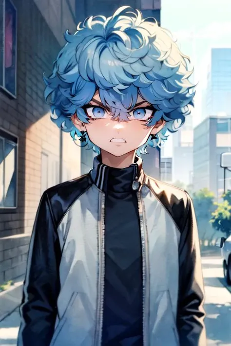 (best quality:1.1), (masterpiece:1.4), , looking at viewer, upper body, , (watercolor illustration, soft pastel colors:1.1), , 1boy, solo, male focus, <lora:souya_kawata:0.84>, souya_kawata, blue hair, grey eyes, , angry, , long-sleeve shirt, , science fiction science fantasy, HD