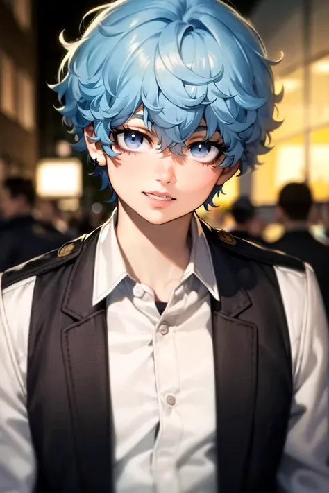 photorealistic, (4k), depth of field, (Masterpiece), (realistic skin texture), extremely detailed, intricate, hyper detailed, high resolution, professional photography, bokeh, depth of field, sharp detail, best quality, looking at viewer, 1boy, solo, male focus, <lora:souya_kawata:0.74>, souya_kawata, blue hair, grey eyes, , , , cop costume, , HD