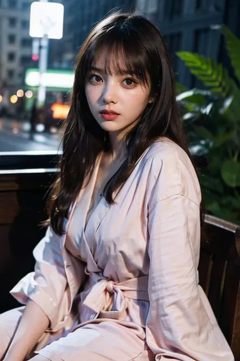 photorealistic, long_hair, realistic, solo, photorealistic, best quality, ultra high res,1girl, sitting on a window seat in a pale pink satin robe, looking out at the city lights at night with a dreamy expression on her face 1girl, beautiful, masterpiece, best quality, extremely detailed face, perfect lighting, 1girl, solo, best quality, ultra high res, photorealistic, ultra detailed, masterpiece, best quality, <lora:ytyx:0.7>
