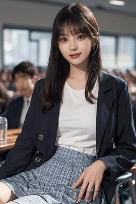 1girl, sitting in university lecture, daydreaming, grinning, beautiful hairstyle, hip clothes, tight shirt with cotton jacket over it, long skirt with intricate pattern, upper body, raytracing,add_detail:2, <lora:ytyx:0.7>