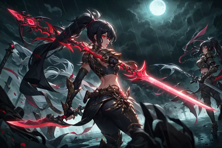 LoL Style, 1girl, solo, female focus, solo focus, armor, ass, black hair, dual wielding, gauntlets, glowing, glowing eyes, glowing weapon, holding, holding sword, holding weapon, long hair, midriff, night, ponytail, rain, red eyes, sword, weapon , <lora:LeagueStyles:0.8>