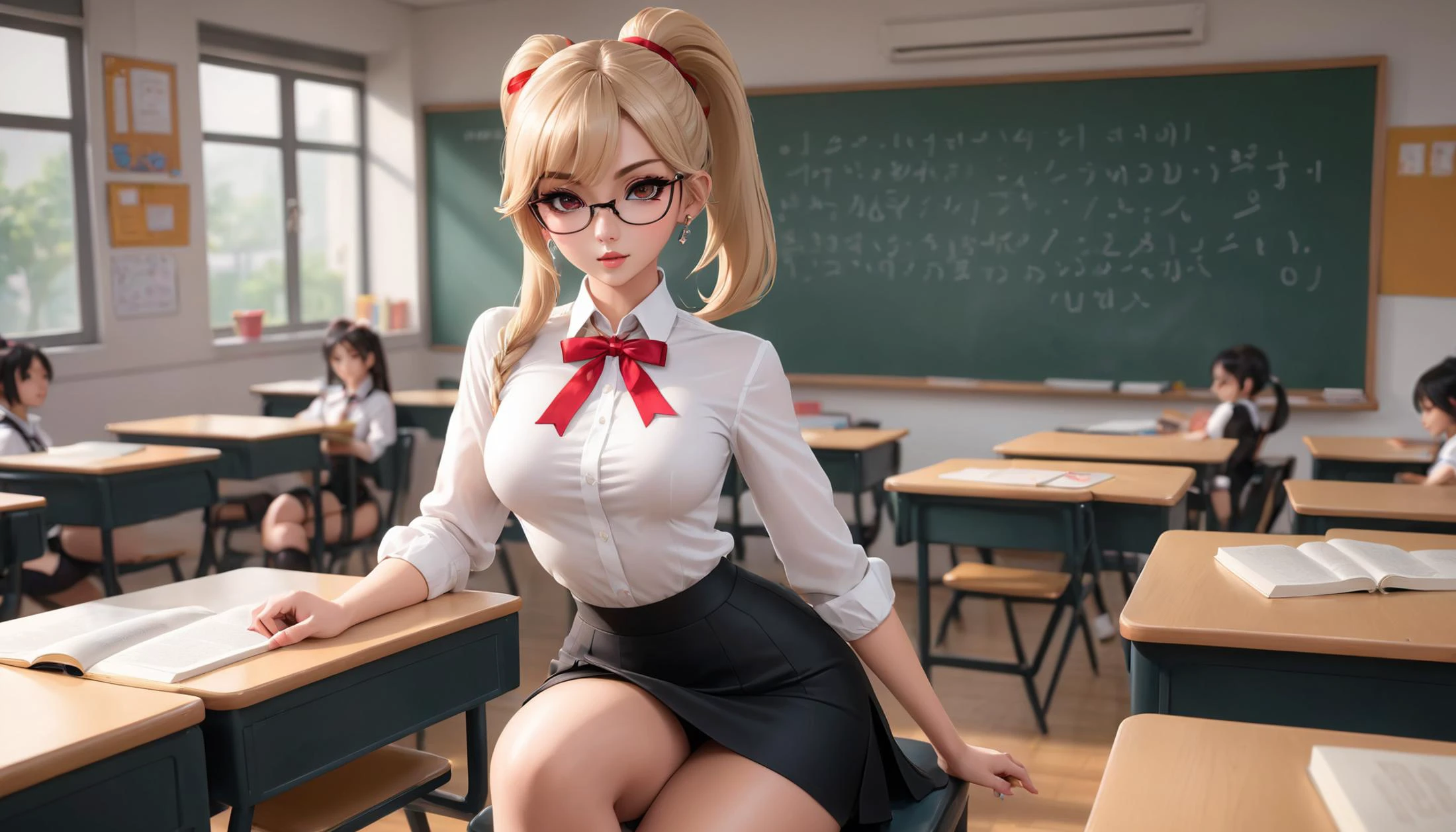 <lora:LeagueofLegSDXL:0.5>, LoL Style, raw photo, <sideview|backview>, blonde teacher with cute makeup, age 35, eyecontact, face detailing, (holding textbook: 1.4) , narrow shoulders, black tight superminiskirt 25 cm long with slit on the back, wide hips, in high-heeled shoes, in the crowded classroom, white tight - fitting blouse , stylish glasses in a thin frame, (Thigh high socks :1.5), ponytail, red ribbon, skin tight , (side breasts) , shoulder, collarbone, students, desks ,chairs, long earrings, textbooks, blackboard, classroom, graphic eyeliner, rouge, (choker:0.9), realistic skin texture,,, very thin waist, <lora:SDXL_MassiveCowsLoRA_v1:0.1> breasts, cleavage, slim body,, (8k, masterpiece, best quality, ultra-detailed), (an extremely delicate and beautiful)kawaii, cute, very big eyes, Aesthetic Anime Eyes, small face, large breasts, cinematic lighting, , Intricate, High Detail, Sharp focus, dramatic, masterpiece, best quality, ultra-detailed,