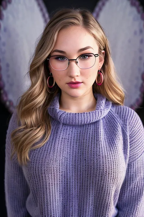 photo of extremely sexy (Ch3rylBl05501-1550:0.99), a woman as a sexy writer, ((round librarian glasses:1.2)), (wearing a simple Frosted Blueberry Pie sweater:1.4), in front of a (plain black studio backdrop:1.2), (masterpiece:1.5) (photorealistic:1.1) (bokeh) (best quality) (detailed skin texture pores hairs:1.1) (intricate) (8k) (HDR) (wallpaper) (cinematic lighting) (sharp focus), (earrings), (detailed pupils:1.3), ( Lip Crayon and Ruby :1.2)