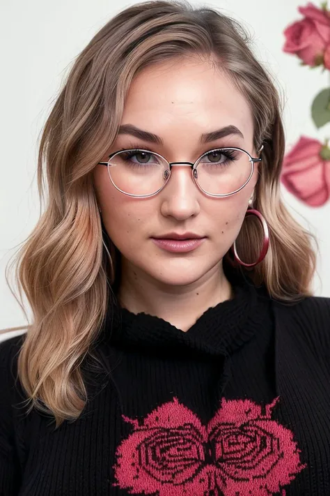 photo of extremely sexy (Ch3rylBl05501-1550:0.99), a woman as a sexy writer, ((round librarian glasses:1.2)), (wearing a simple Raspberry Rose Remedy sweater:1.3), in front of a (plain black studio backdrop:1.2), (masterpiece:1.5) (photorealistic:1.1) (bokeh) (best quality) (detailed skin texture pores hairs:1.1) (intricate) (8k) (HDR) (wallpaper) (cinematic lighting) (sharp focus), (earrings), (detailed pupils:1.3), ( Liquid and Apricot :1.2)