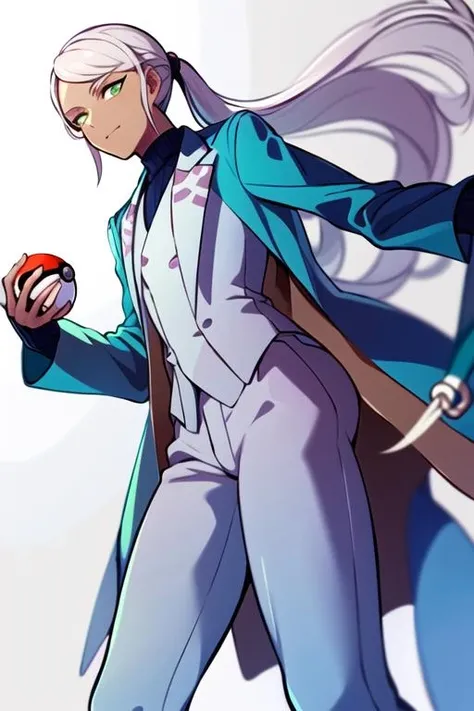 masterpiece, best quality, <lora:blanche_pgo:0.7> blanche_pgo, 1other, solo, long hair, looking at viewer, green eyes, simple background, long sleeves, white background, closed mouth, standing, jacket, ponytail, white hair, pants, dark skin, coat, turtleneck, androgynous, blue pants, holding poke ball, from below,