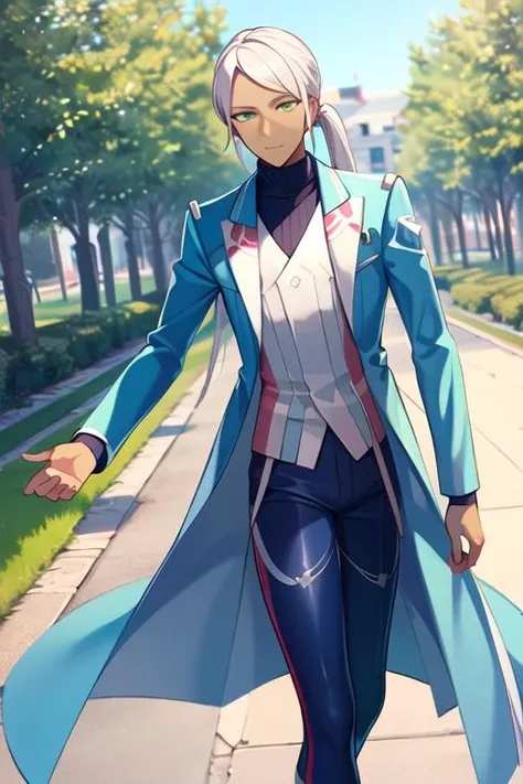 masterpiece, best quality, <lora:blanche_pgo:0.7> blanche_pgo, 1other, solo, long hair, looking at viewer, green eyes, long sleeves, closed mouth, jacket, ponytail, white hair, pants, dark skin, coat, turtleneck, androgynous, blue pants, outdoors,