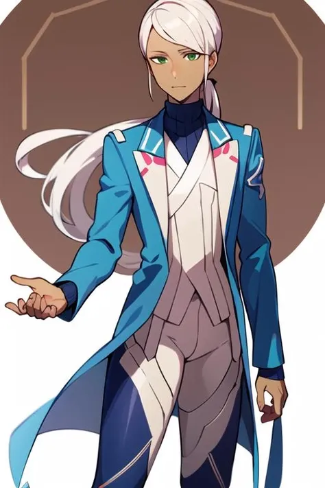 masterpiece, best quality, <lora:blanche_pgo:0.7> blanche_pgo, 1other, solo, long hair, looking at viewer, green eyes, simple background, long sleeves, white background, closed mouth, standing, jacket, ponytail, white hair, pants, dark skin, coat, turtleneck, clenched hand, androgynous, blue pants