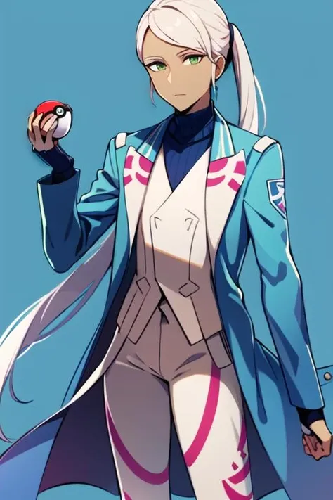 masterpiece, best quality, <lora:blanche_pgo:0.7> blanche_pgo, 1other, solo, long hair, looking at viewer, green eyes, long sleeves, blue background, standing, jacket, ponytail, white hair, pants, dark skin, coat, turtleneck, androgynous, blue pants, holding poke ball