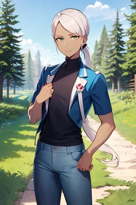 masterpiece, best quality, <lora:blanche_pgo:0.7> blanche_pgo, 1other, solo, long hair, looking at viewer, green eyes, closed mouth, ponytail, white hair, pants, dark skin, androgynous, jeans, blue pants, outdoors, black shirt, short sleeves