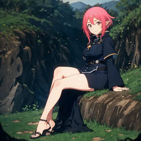 (masterpiece,best quality:1.5), 1 girl, (full body:1.2), (detailedd eyes:1.2), (pink hair, middle part hair:1.2), (bindi dot), wolbach from Konosuba, black suit, (elf ears:1.1), <lora:wolbach-000002:0.8>, ultra realistic,32k,RAW photo,(high detailed skin:1.2), 8k uhd, dslr, soft lighting, high quality, film grain