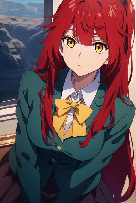 chenmotong, <lyco:chenmotong-LYCORIStest:1>,
chen motong, long hair, red hair, (one side up:1.5), (yellow eyes:1.5), bangs, (medium breast:1.2),
BREAK skirt, school uniform, blazer, green blazer, black sirt, bow, bowtie, red bow, collar, white collar, choker,
BREAK looking at viewer,
BREAK outdoors,
BREAK <lora:GoodHands-vanilla:1>, (masterpiece:1.2), best quality, high resolution, unity 8k wallpaper, (illustration:0.8), (beautiful detailed eyes:1.6), extremely detailed face, perfect lighting, extremely detailed CG, (perfect hands, perfect anatomy),