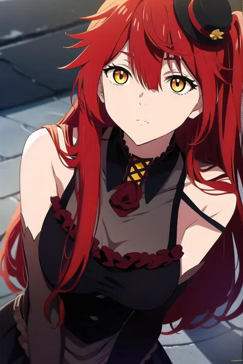 chenmotong, <lyco:chenmotong-LYCORIStest:1>,
chen motong, long hair, red hair, (one side up:1.5), (yellow eyes:1.5), bangs, (medium breast:1.2),
BREAK gloves, hat, dress, elbow gloves, black dress, one side up, mini hat, top hat, mini top hat,
BREAK looking at viewer,
BREAK outdoors,
BREAK <lora:GoodHands-vanilla:1>, (masterpiece:1.2), best quality, high resolution, unity 8k wallpaper, (illustration:0.8), (beautiful detailed eyes:1.6), extremely detailed face, perfect lighting, extremely detailed CG, (perfect hands, perfect anatomy),