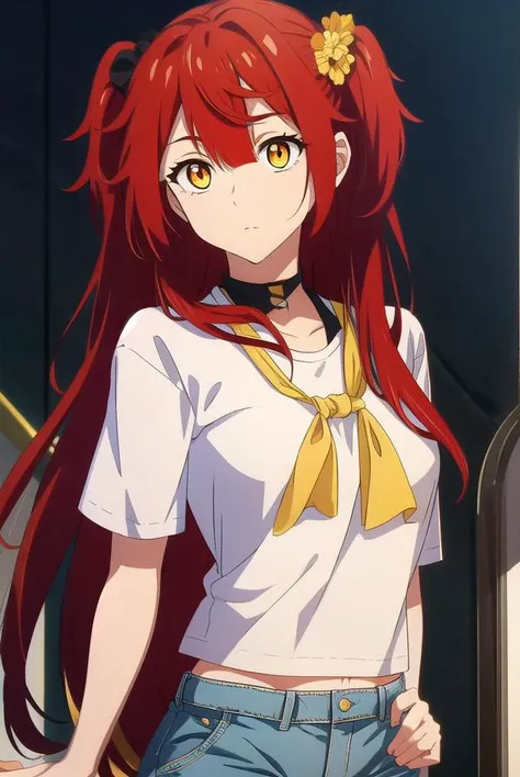 chenmotong, <lyco:chenmotong-LYCORIStest:1>,
chen motong, long hair, red hair, (one side up:1.5), (yellow eyes:1.5), bangs, (medium breast:1.2),
BREAK white shirt, shorts, short shorts, denim, t-shirt, blue shorts, denim shorts,
BREAK looking at viewer,
BREAK outdoors,
BREAK <lora:GoodHands-vanilla:1>, (masterpiece:1.2), best quality, high resolution, unity 8k wallpaper, (illustration:0.8), (beautiful detailed eyes:1.6), extremely detailed face, perfect lighting, extremely detailed CG, (perfect hands, perfect anatomy),