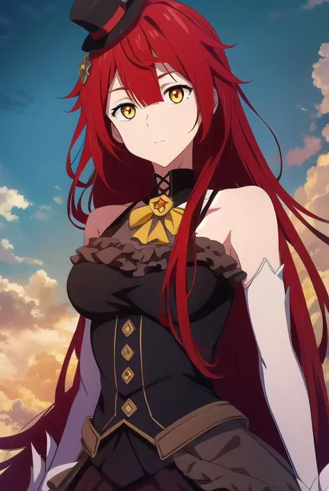 chenmotong, <lora:chenmotongtest:1>,
chen motong, long hair, red hair, (one side up:1.5), (yellow eyes:1.5), bangs, (medium breast:1.2),
BREAK gloves, hat, dress, elbow gloves, black dress, one side up, mini hat, top hat, mini top hat,
BREAK looking at viewer,
BREAK outdoors,
BREAK <lora:GoodHands-vanilla:1>, (masterpiece:1.2), best quality, high resolution, unity 8k wallpaper, (illustration:0.8), (beautiful detailed eyes:1.6), extremely detailed face, perfect lighting, extremely detailed CG, (perfect hands, perfect anatomy),