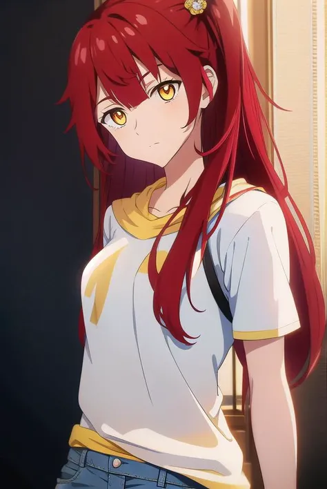 chenmotong, <lora:chenmotongtest:1>,
chen motong, long hair, red hair, (one side up:1.5), (yellow eyes:1.5), bangs, (medium breast:1.2),
BREAK white shirt, shorts, short shorts, denim, t-shirt, blue shorts, denim shorts,
BREAK looking at viewer,
BREAK outdoors,
BREAK <lora:GoodHands-vanilla:1>, (masterpiece:1.2), best quality, high resolution, unity 8k wallpaper, (illustration:0.8), (beautiful detailed eyes:1.6), extremely detailed face, perfect lighting, extremely detailed CG, (perfect hands, perfect anatomy),