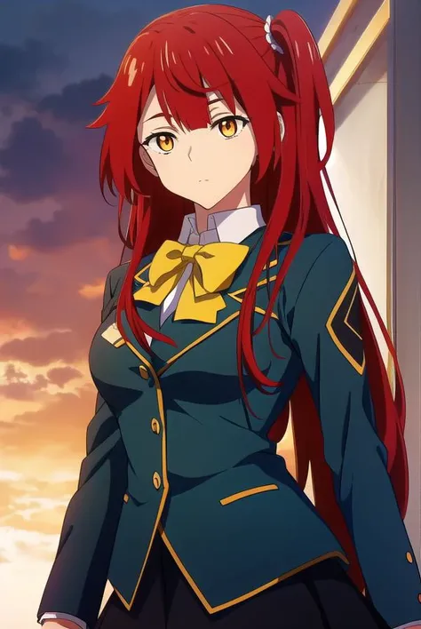 chenmotong, <lyco:chenmotong-LYCORIStest:1>,
chen motong, long hair, red hair, (one side up:1.5), (yellow eyes:1.5), bangs, (medium breast:1.2),
BREAK skirt, school uniform, blazer, green blazer, black sirt, bow, bowtie, red bow, collar, white collar, choker,
BREAK looking at viewer,
BREAK outdoors,
BREAK <lora:GoodHands-vanilla:1>, (masterpiece:1.2), best quality, high resolution, unity 8k wallpaper, (illustration:0.8), (beautiful detailed eyes:1.6), extremely detailed face, perfect lighting, extremely detailed CG, (perfect hands, perfect anatomy),