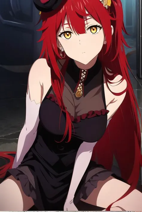 1 anime girl, red hair, black and red skirt, short clothes, medium breasts, cleavage, golden eyes, ray tracing, very long hair, masterpiece, hair between eyes, blush, nude, sexy, dynamic poses