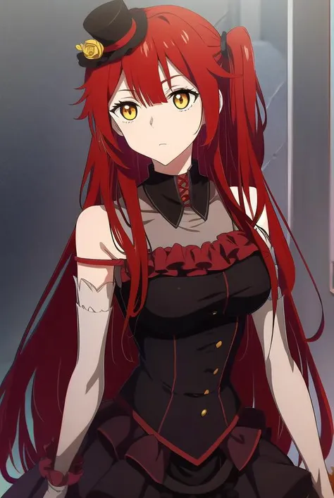 chenmotong, <lyco:chenmotong-LYCORIStest:1>,
chen motong, long hair, red hair, (one side up:1.5), (yellow eyes:1.5), bangs, (medium breast:1.2),
BREAK gloves, hat, dress, elbow gloves, black dress, one side up, mini hat, top hat, mini top hat,
BREAK looking at viewer,
BREAK outdoors,
BREAK <lora:GoodHands-vanilla:1>, (masterpiece:1.2), best quality, high resolution, unity 8k wallpaper, (illustration:0.8), (beautiful detailed eyes:1.6), extremely detailed face, perfect lighting, extremely detailed CG, (perfect hands, perfect anatomy),