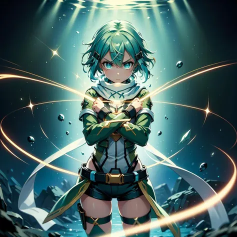 masterpiece,best quality,highly detailed,1girl,solo,serious,concentrating,v-shaped eyebrows,
<lora:sinon_v5:0.75>,sinon1,scarf,fingerless gloves,long sleeves,short shorts,hair ornament,hairclip,green thighhighs,green jacket,thigh strap,
BREAK
<lora:xArms:0.4>,(((crossing arms in an X shape,crossed arms,clenched hands))),cross,hands on own chest,henshin,alternate costume,aura,light particles,magic,magic circle,glowing arms,pyrokinesis,(((underwater))),air bubble,bubble,