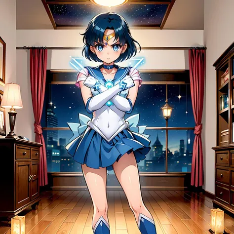 masterpiece,best quality,highly detailed,1girl,solo,serious,concentrating,v-shaped eyebrows,
<lora:mercury_v2:1>, mer1,tiara,sailor senshi uniform,blue sailor collar,bow,knee boots,choker,white gloves,blue choker,elbow gloves,jewelry,earrings,blue skirt,
BREAK
<lora:xArms:0.4>,(((crossing arms in an X shape,clenched hands))),cross,henshin,alternate costume,aura,light particles,magic,magic circle,glowing arms,pyrokinesis,(indoors,curtains,bedroom,desk,stuffed animal,chair,bookshelf,wooden floor,poster (object),photo (object),calendar (object),desk lamp),