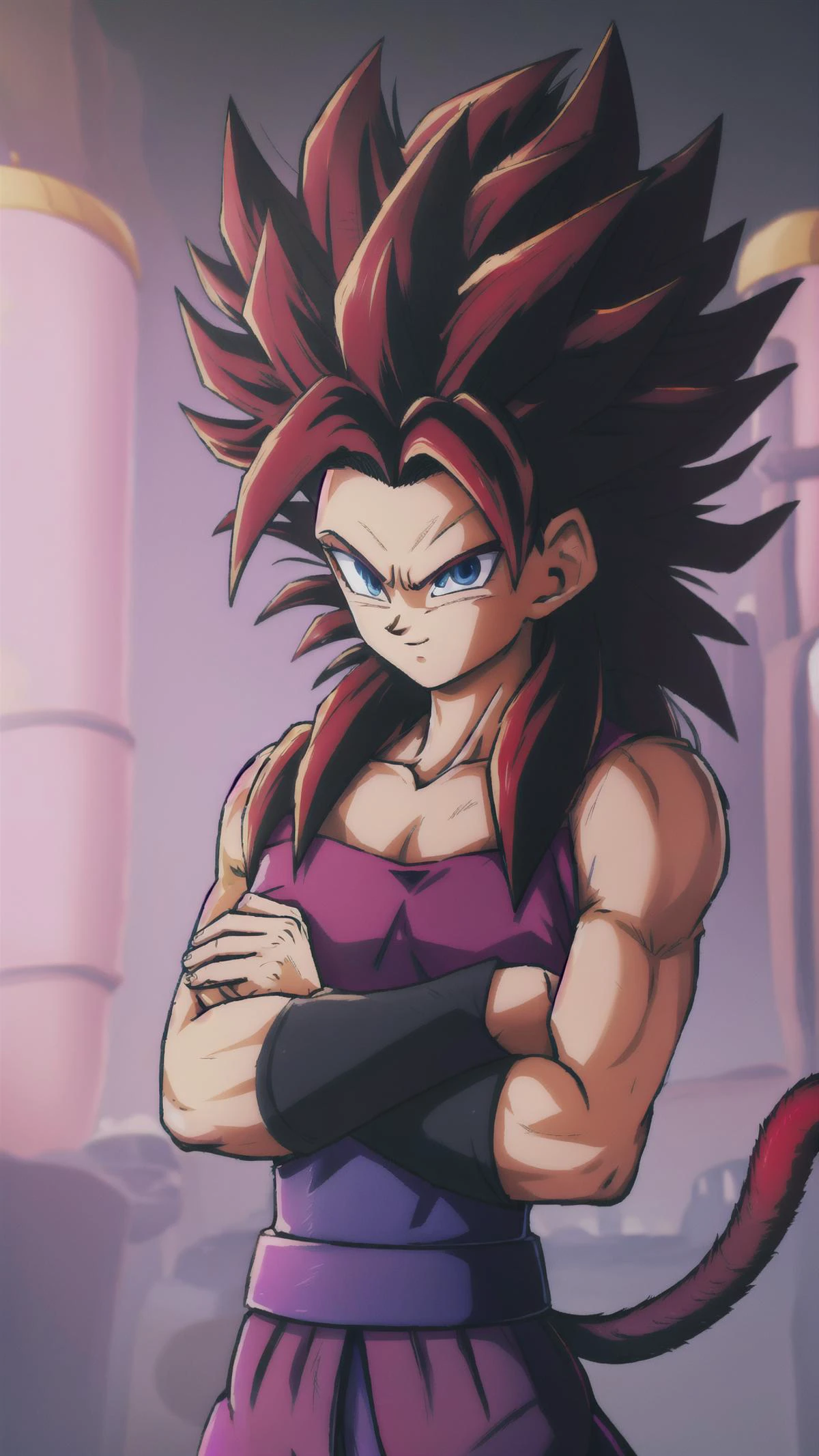 Caulifla, 1girl, (((SSj4, super saiyan 4, black Hair,))), BREAK, (((red fur on arms and chest, ))), (((Tail))), (((red body fur))), BREAK, <lora:Caulifla:1>
pink tube top, strapless, purple baggy pants, grey bracers, grey boots, BREAK, <lora:Primitive Saiyan Woman:0.5> <lora:furry_female:0.5> <lora:Son Goku - Dragon Ball:.7> <lora:dbgt_gogeta:.5>, masterpiece, best quality, hyperrealistic, extremely detailed, highly quality, 4k, sharp focus, professional photograph, sharp focus, award winning, cinematic lighting, octane render, unreal engine, volumetrics dtx, Wallpaper,