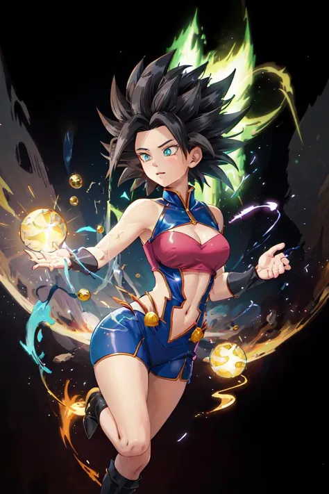 Create an image of Caulifla from Dragon Ball Super in Super Saiyan 2 mode with a yellow aura radiating around her body, and lightning bolts crackling in the background. The energy emanating from her body is a result of a stable diffusion process, with the aura and lightning bolts being a manifestation of the equilibrium reached by the diffusion of energy throughout her body. The result should be a dynamic and visually striking representation of Caulifla's immense power in this form. <lora:cauliflaDragonBallSuper_v10:0.8>, cauliflass2, bright yellow hair, bright blue eyes