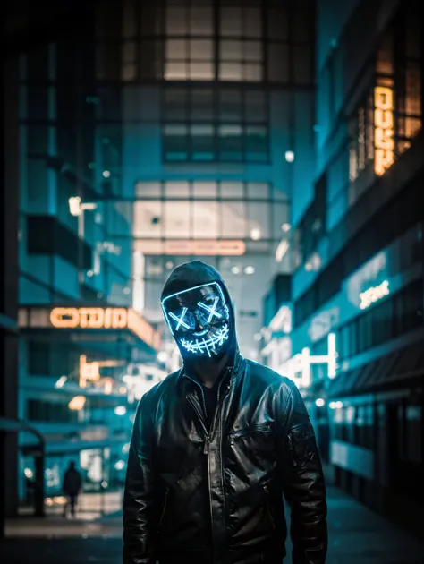 anonymousmaskneon, 1boy, blue neon, solo,leather jacket, brutal, biker, professional photo , night, aesthetic, natural light, highly detailed, (highly detailed background), detailed textures, wide angle, 8k, HDR, professional photoshoot, high quality photo, realistic photo, realistic shadows, detailed shadows, realistic proportions,film grain, raw photo, (raytracing)\<lora:AnonymousMaskNeon:0.7>