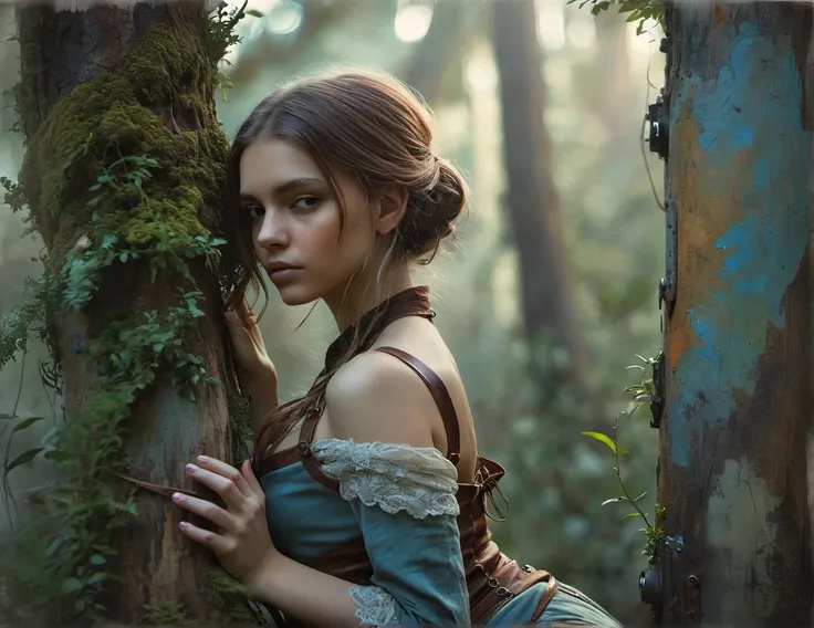 incredibly breathtaking photo characterized by exceptional realism and artistic appeal, (full body, low-key, sharp focus on subject, intricate environment scenery:1.1), sophisticated ([French:Indian:0.72] 21yo woman:1.15) with (perfect feminine anatomy:1.1) and (natural skin pigment:1.1), wooden steampunk girl leaning against tree, oil paint by Carne Griffiths and  WLOP, vintage Images, intricate, cinematic lighting, highly detailed, smooth, sharp focus, uncanny eyes, the feeling of mystery, Anna Dittmann style, grim masterwork by head of prompt engineering, immersive and captivating scene, awarded breathtaking masterpiece, (perfect feminine anatomy, perfect proportions, Perfect Hands:1.125), Sweeping cinematic lens flares, ultra crisp details, (f_stop 2.8), (focal_length 85mm f/2.8), flawlessly photographed, analog photo, masterpiece, high quality, physics simulation, (cgsociety, artstation, 8k:0.6), (red-gold-black:0.7)