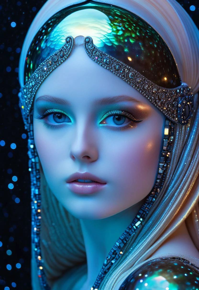 ((full-body-shot)), standing masterpiece, highest esthetic score, photo of an exquisitely beautiful pale skin european 1girl, 19yo, modern implementation of sci-fi "botichhelli The Birth of Venus" fantastic epic masterpiece, starlight falls on beautiful young face. Depth of field, insane details:1.4, ultra detailed, absurdres, 1:280f Zeiss lens, long aperture, abalone shell, fiery opal, platinum, obsidian ,feet in the shell, extraterrestrial sight, intricate background, style by soa nala Lee, ((super detailed perfect face))