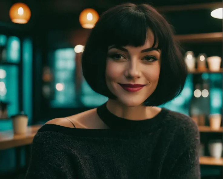 analog raw photo, close up facial portrait, dark photo of Penny Robinson, (black hair:1.3), bob cut hairstyle, smokey eyeshadow, eyeliner, giving the viewer a seductive smile, wearing a low cut sweater, tiny titties, hanging off shoulder, late 90s aesthetic, background is a cozy coffee shop, raw skin, 8k UHD, high quality, film grain, color graded portra 400 film, remarkable color, ultra realistic, textured skin, remarkable detailed pupils, realistic dull skin noise, visible skin detail, skin fuzz, dry skin, 3 point lighting, award winning photo, 135mm, f2.8, bokeh, shot with Carl Zeiss Sonar Lens on Canon 5D Mark IV camera, nice bokeh features, cinematic look professional color grading, lightroom