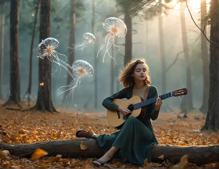 incredibly breathtaking picture characterized by exceptional surrealism and artistic appeal, (full body, low-key, sharp focus on subject, intricate environment scenery:1.1), sophisticated ([French:Algerian:0.72] 21yo woman:1.15) with (perfect feminine anatomy:1.1) and (natural skin pigment:1.1), a pretty carefree girl plays the guitar in a picturesque cozy forest, sitting on the ground among fallen leaves and pine cones, (exotic extraterrestrial birds are sitting on the branches:0.65), (transparent alien creatures similar to thin-walled jellyfish:1.1) (fly above the ground:0.45), early morning, haze spreads along the ground, the air is fresh and cool, immersive and captivating scene, awarded breathtaking masterpiece, (perfect feminine anatomy, perfect proportions, Perfect Hands:1.125), Sweeping cinematic lens flares, ultra crisp details, (f_stop 2.8), (focal_length 85mm f/2.8), flawlessly photographed, analog photo, masterpiece, high quality, physics simulation, (cgsociety, artstation, 8k:0.6), (red-gold-black:0.7)
