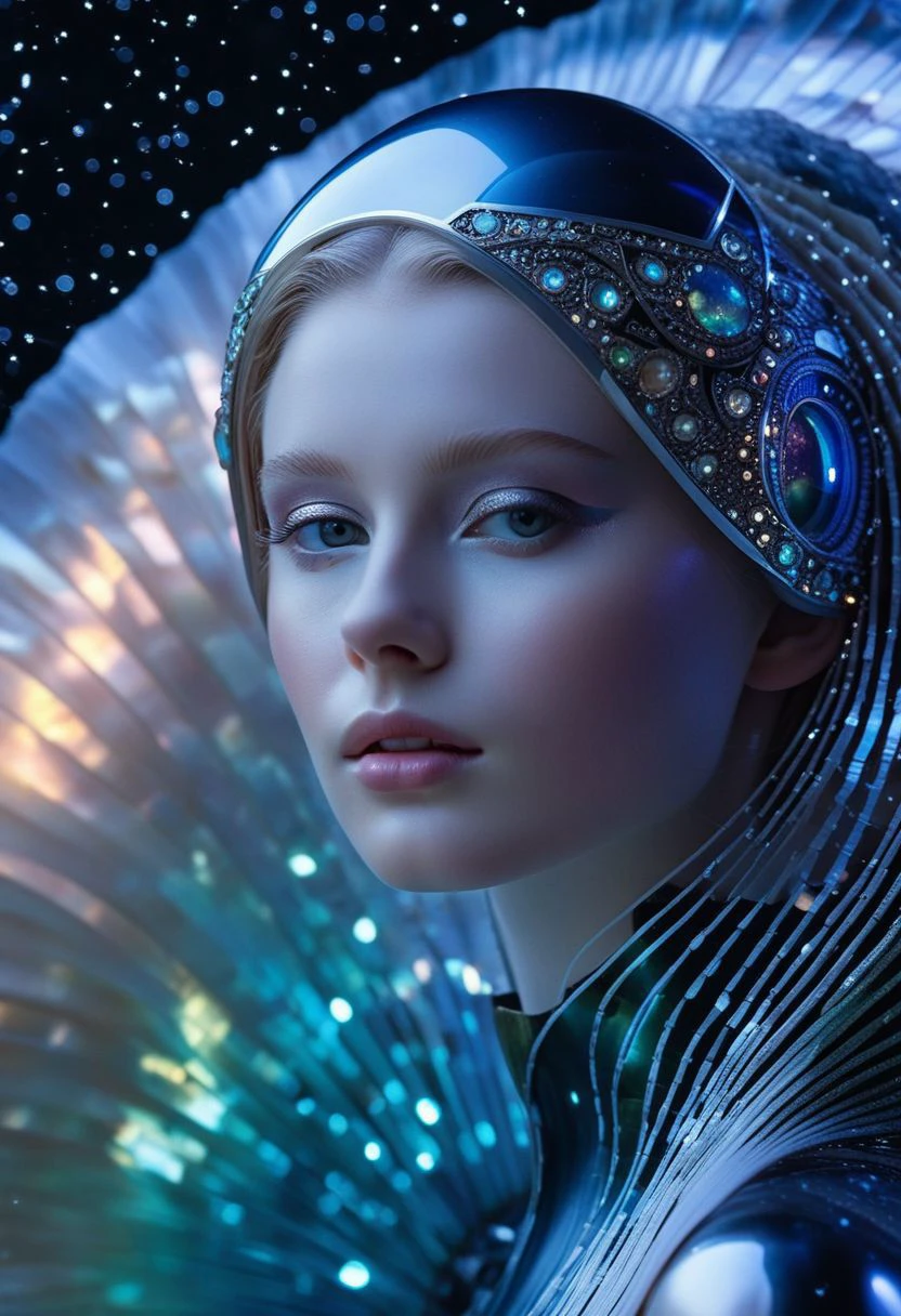 standing, long shot, highest esthetic score, photo of an exquisitely beautiful pale skin european 1girl, 19yo, modern implementation of sci-fi "botichhelli The Birth of Venus" fantastic epic masterpiece, starlight falls on beautiful young face. Depth of field, insane details:1.4, ultra detailed, absurdres, 1:280f Zeiss lens, long aperture, abalone shell, fiery opal, platinum, obsidian ,feet in the shell, extraterrestrial sight, intricate background