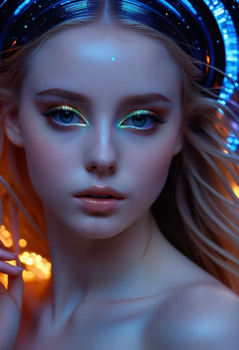 (masterpiece:1.1), (best quality:1.1), piercing ultra-details, (aesthetic:1.1), fantastic epic masterpiece, ((full-body-shot)), (dynamic standing pose:1.0) masterpiece, highest esthetic score, photo of an exquisitely beautiful pale skin european 1girl, 19-year-old, modern implementation of sci-fi "botichhelli The Birth of Venus"starlight falls on beautiful gorgeous detailed young face. Depth of field, insane details:1.4, ultra detailed, absurdres, 1:280f Zeiss lens, long aperture, fiery opal, platinum, obsidian, iris Rainbow iridium ,feet in the shell, extraterrestrial sight, intricate background, style by soa nala Lee, bare feet, piercing eyes, detailed pupils, highresolution texture face, luminous face,