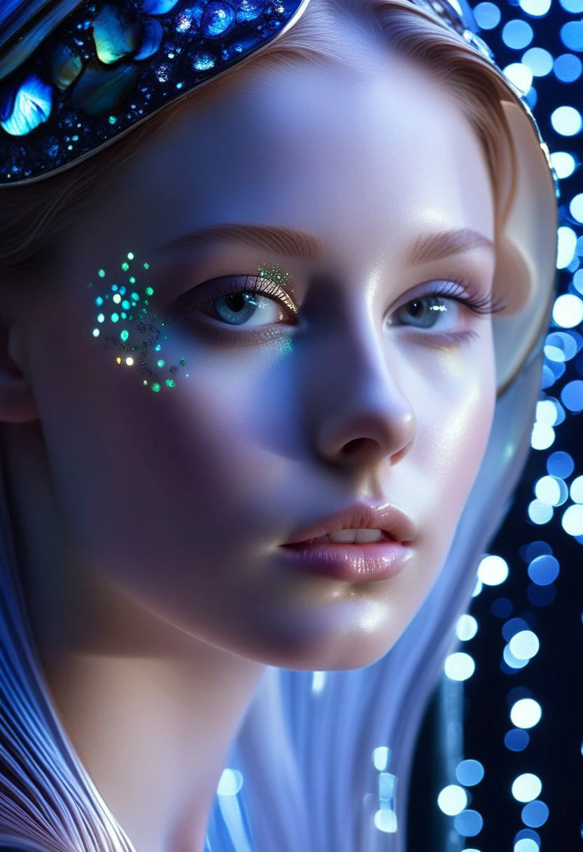 highest esthetic score, photo of a exquisitely beautiful pale skin european 1girl, 20yo, modern implementation of sci-fi "botichhelli The Birth of Venus" fantastic epic masterpiece, starlight falls on beautiful young face. Depth of field, insane details:1.4, ultra detailed, absurdres, 1:280f Zeiss lens, long aperture, abalone shell, fiery opal, platinum, obsidian, dreamlike,