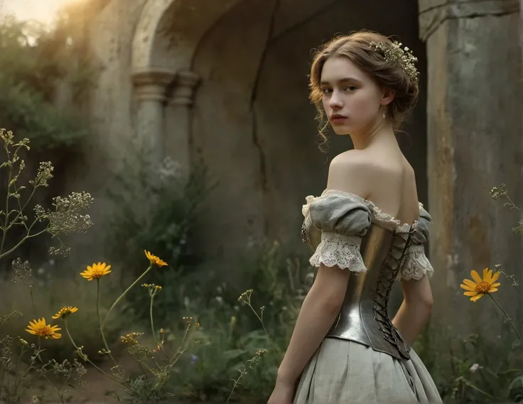 incredibly breathtaking photo characterized by exceptional realism and artistic appeal, (full body, low-key, sharp focus on subject, intricate environment scenery:1.1), sophisticated ([Spanish:Slavic:0.52] 21yo woman:1.15) with (perfect feminine anatomy:1.1) and (natural skin pigment:1.1), Inspiration John Everett, William Holman, Dante Gabriel, portrait of girl (Victorian beauty, pale, fragile), silver armor, intricate background, Leonardo da Vinci style landscape. Ocher tones, wild flowers, wild garden. Side lighting, Rembrandt lighting, immersive and captivating scene, awarded breathtaking masterpiece, (perfect feminine anatomy, perfect proportions, Perfect Hands:1.125), Sweeping cinematic lens flares, ultra crisp details, (f_stop 2.8), (focal_length 85mm f/2.8), flawlessly photographed, analog photo, masterpiece, high quality, physics simulation, (cgsociety, artstation, 8k:0.6), (red-gold-black:0.7)