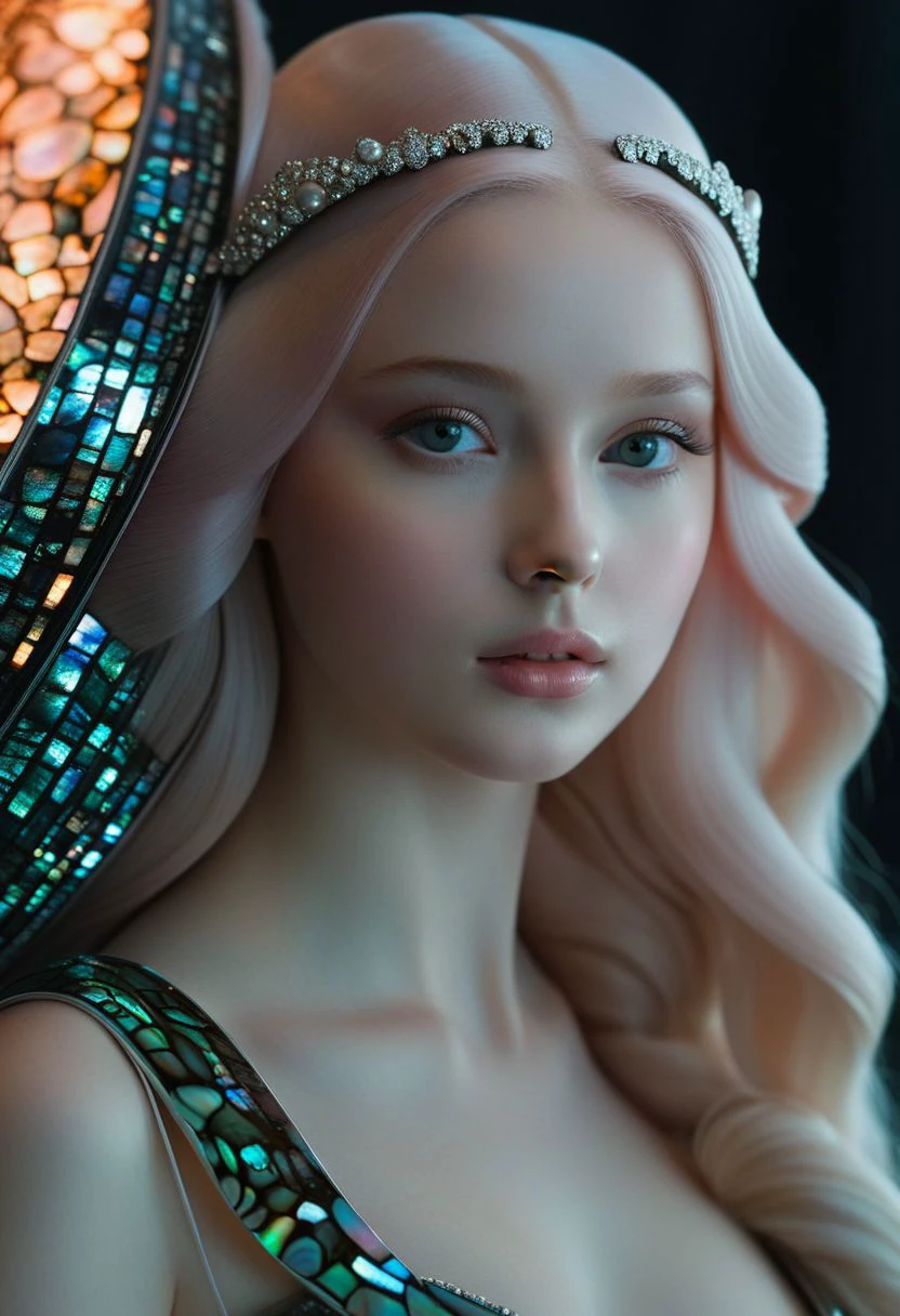 fantastic epic masterpiece, ((full-body-shot)),Close-up, standing masterpiece, Aurora, highest esthetic score, photo of an exquisitely beautiful pale skin European 1girl, 19yo, modern implementation of sci-fi "botichhelli The Birth of Venus" divine light falls on beautiful young face. Depth of field, insane details:1.4, ultra detailed, absurdres, 1:280f Zeiss lens, long aperture, abalone shell, fiery opal, platinum, obsidian ,feet in the shell, extraterrestrial sight, intricate background, style by soa nala Lee, bare feet,