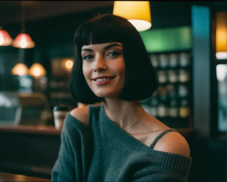 analog raw photo, close up facial portrait, dark photo of Penny Robinson, (black hair:1.3), bob cut hairstyle, smokey eyeshadow, eyeliner, giving the viewer a seductive smile, wearing a low cut sweater, tiny titties, hanging off shoulder, late 90s aesthetic, background is a cozy coffee shop, raw skin, 8k UHD, high quality, film grain, color graded portra 400 film, remarkable color, ultra realistic, textured skin, remarkable detailed pupils, realistic dull skin noise, visible skin detail, skin fuzz, dry skin, 3 point lighting, award winning photo, 135mm, f2.8, bokeh, shot with Carl Zeiss Sonar Lens on Canon 5D Mark IV camera, nice bokeh features, cinematic look professional color grading, lightroom