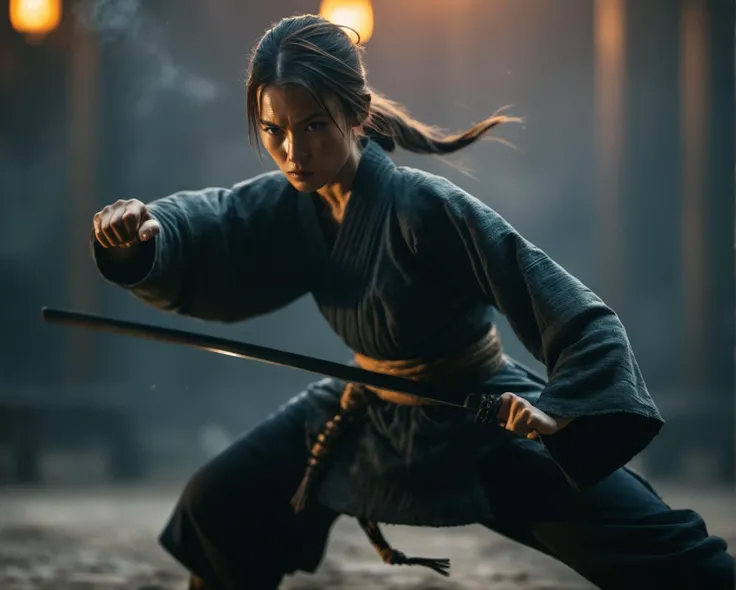 A female feudal Ninja in drunken Style fight stance, knee up, very detailed, atmospheric haze, Film grain, cinematic film still, shallow depth of field, highly detailed, high budget, cinemascope, moody, epic, OverallDetail, gorgeous, 2000s vintage RAW photo, photorealistic, candid camera, color graded cinematic, eye catchlights, atmospheric lighting, skin pores imperfections, award winning photo, 135mm, f2.8, bokeh, shot with Carl Zeiss Sonar Lens on Canon 5D Mark IV camera, nice bokeh features, cinematic look professional color grading, lightroom