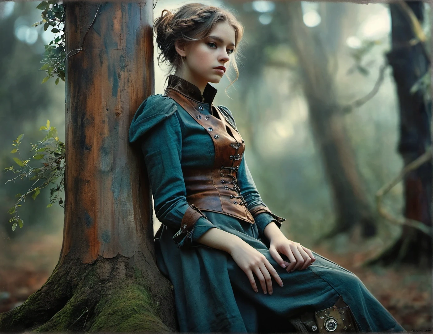 incredibly breathtaking photo characterized by exceptional realism and artistic appeal, (full body, low-key, sharp focus on subject, intricate environment scenery:1.1), sophisticated ([Spanish:Slavic:0.52] 21yo woman:1.15) with (perfect feminine anatomy:1.1) and (natural skin pigment:1.1), wooden steampunk girl leaning against tree, oil paint by Carne Griffiths and  WLOP, vintage Images, intricate, cinematic lighting, highly detailed, smooth, sharp focus, uncanny eyes, the feeling of mystery, Anna Dittmann style, grim masterwork by head of prompt engineering, immersive and captivating scene, awarded breathtaking masterpiece, (perfect feminine anatomy, perfect proportions, Perfect Hands:1.125), Sweeping cinematic lens flares, ultra crisp details, (f_stop 2.8), (focal_length 85mm f/2.8), flawlessly photographed, analog photo, masterpiece, high quality, physics simulation, (cgsociety, artstation, 8k:0.6), (red-gold-black:0.7)