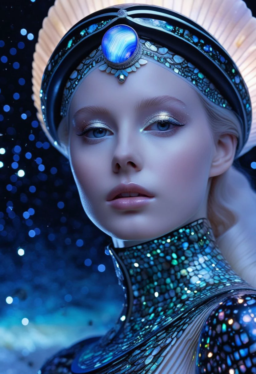 standing, long shot, highest esthetic score, photo of an exquisitely beautiful pale skin european 1girl, 19yo, modern implementation of sci-fi "botichhelli The Birth of Venus" fantastic epic masterpiece, starlight falls on beautiful young face. Depth of field, insane details:1.4, ultra detailed, absurdres, 1:280f Zeiss lens, long aperture, abalone shell, fiery opal, platinum, obsidian ,feet in the shell, extraterrestrial sight, intricate background