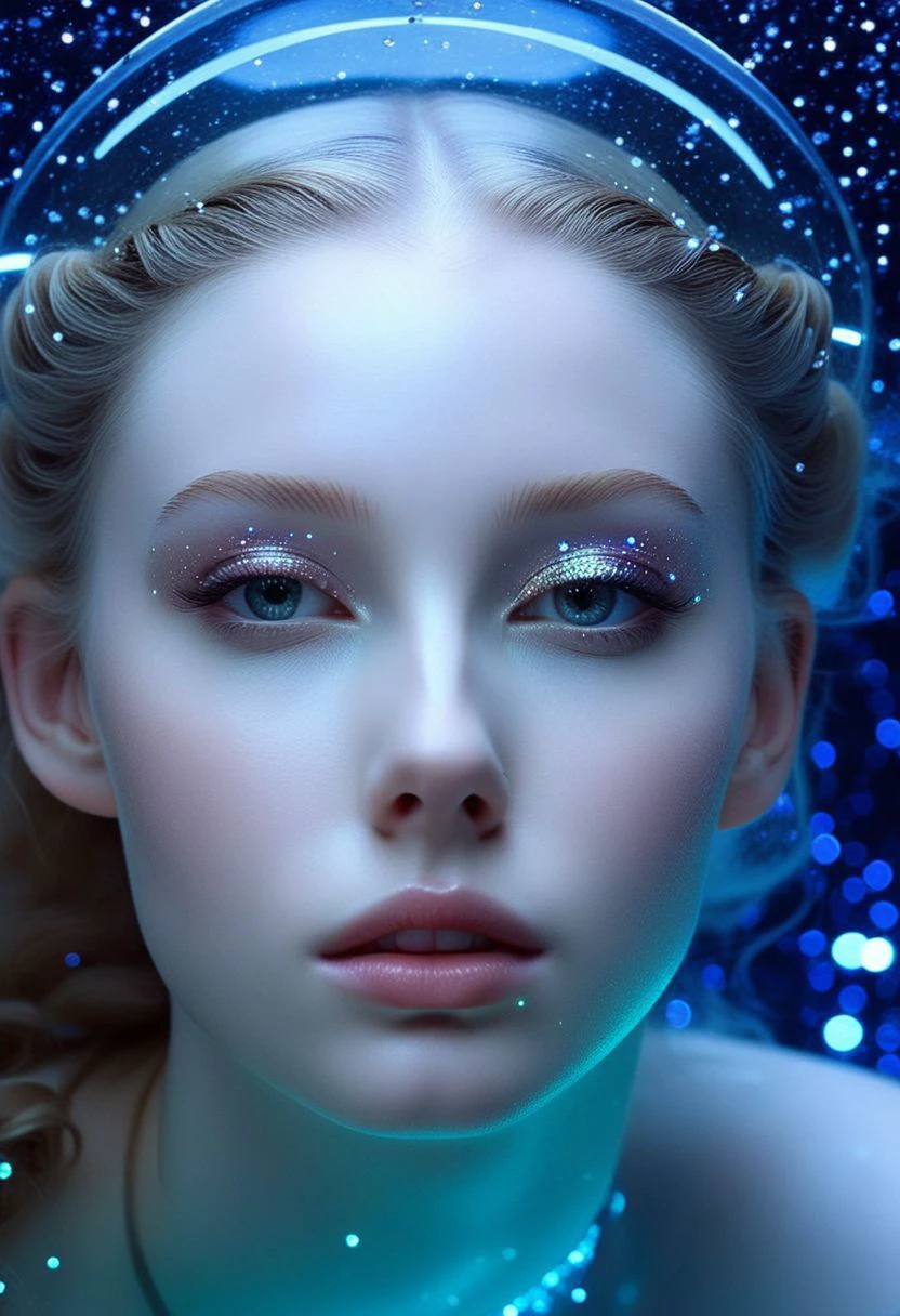 xxmixgirl, photo of a exquisitely beautiful pale skin european 1girl, 20yo, modern implementation of sci-fi "botichhelli The Birth of Venus" fantastic epic masterpiece, starlight falls on beautiful young face.