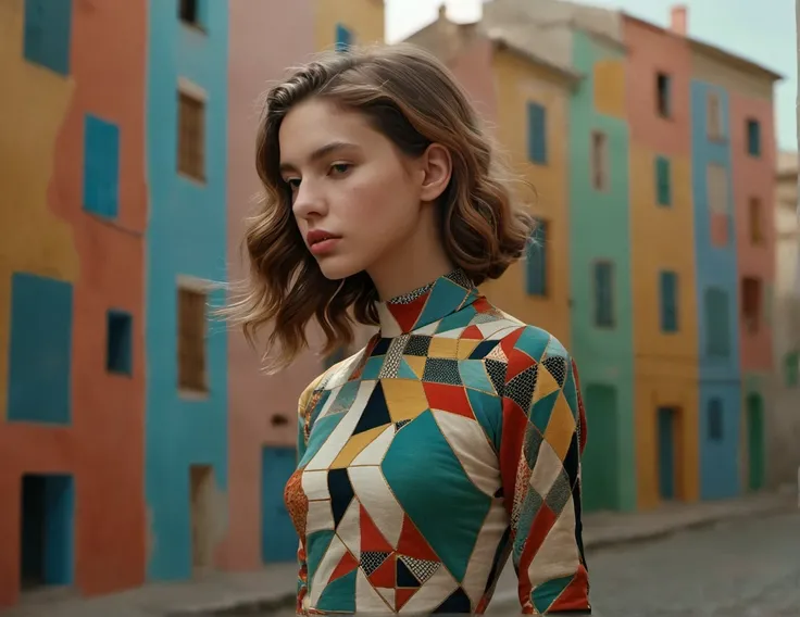 incredibly breathtaking photo characterized by exceptional realism and artistic appeal, (full body, low-key, sharp focus on subject, intricate environment scenery:1.1), sophisticated ([French:Algerian:0.72] 21yo woman:1.15) with (perfect feminine anatomy:1.1) and (natural skin pigment:1.1), world of optical illusions and geometric patterns, art by Alice Bailly, closeup three-dimensional buildings that are decomposed into geometric elements, abstract,  detailed and complex, tetradic colors,  golden ratio, rule of thirds, Deep zoom complementary poisonous colors Memphis style, immersive and captivating scene, awarded breathtaking masterpiece, (perfect feminine anatomy, perfect proportions, Perfect Hands:1.125), Sweeping cinematic lens flares, ultra crisp details, (f_stop 2.8), (focal_length 85mm f/2.8), flawlessly photographed, analog photo, masterpiece, high quality, physics simulation, (cgsociety, artstation, 8k:0.6), (red-gold-black:0.7)