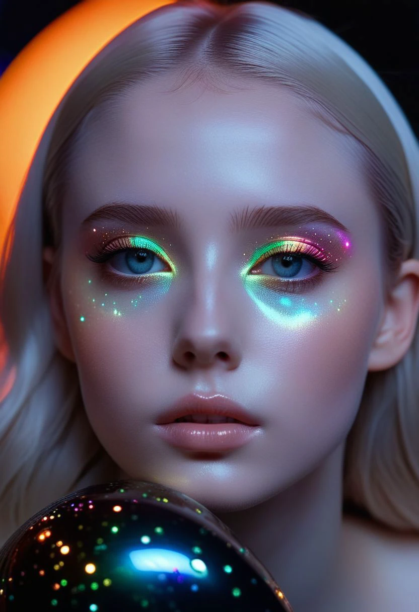 (masterpiece:1.1), (best quality:1.1), piercing ultra-details, (aesthetic:1.1), fantastic epic masterpiece, ((full-body-shot)), (dynamic standing pose:1.0) masterpiece, highest esthetic score, photo of an exquisitely beautiful pale skin european 1girl, 19-year-old, modern implementation of sci-fi "botichhelli The Birth of Venus"starlight falls on beautiful gorgeous detailed young face. Depth of field, insane details:1.4, ultra detailed, absurdres, 1:280f Zeiss lens, long aperture, fiery opal, platinum, obsidian, iris Rainbow iridium ,feet in the shell, extraterrestrial sight, intricate background, style by soa nala Lee, bare feet, piercing eyes, detailed pupils, highresolution texture face, luminous face,
