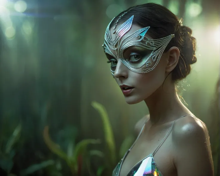incredibly breathtaking picture characterized by exceptional surrealism and artistic appeal, (full body, low-key, sharp focus on subject, intricate environment scenery:1.1), sophisticated ([spanish:african:0.62]:1.3) 21yo woman with (perfect feminine anatomy:1.1) and (natural skin pigment:1.1), holographic projection of a translucent semi-transparent bedroom, hologram, depth, optical illusion, hologram background, ethereal fantasy concept art, lovecraftian horror, A woman Android in a Post apocalyptic carnival mask with (playful expression:1.175) (looking to side:0.85) (wearing white see-through negligee made of mother-of-pearl fabric:0.45), [ (anatomically correct feminine eyes:1.4) : (big eyes with ideally round cornea:1.5)  :12], intricate vegetables made of light particles, consistent complex foggy forest background, (natural (low key light:0.6) (early morning:0.825):0.925), eldritch cosmic horror mysterious surreal, (ethereal, majestic, magical, fantasy art, cover art:0.75), dreamy, immersive captivating scene, awarded breathtaking masterpiece, (perfect feminine anatomy, perfect proportions, Perfect Hands:1.175), Sweeping cinematic lens flares, (ultra crisp details:1.15), (f_stop 2.8), (Carl Zeiss lens), flawlessly photographed, analog photo, high quality, (artstation, 8k:0.6), (red-gold-black:0.7)