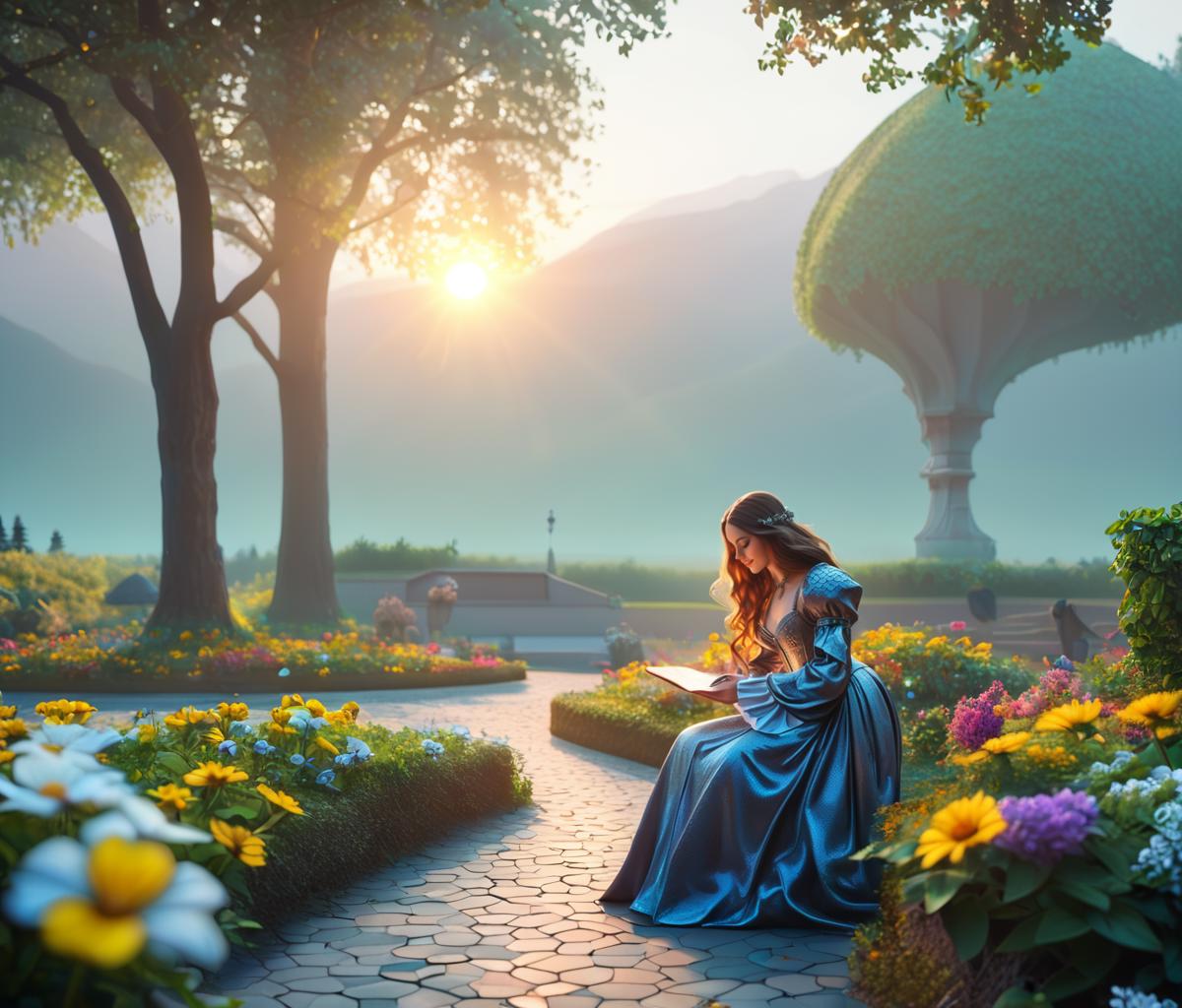 A woman in a blue dress sitting on a bench in a garden - SeaArt AI