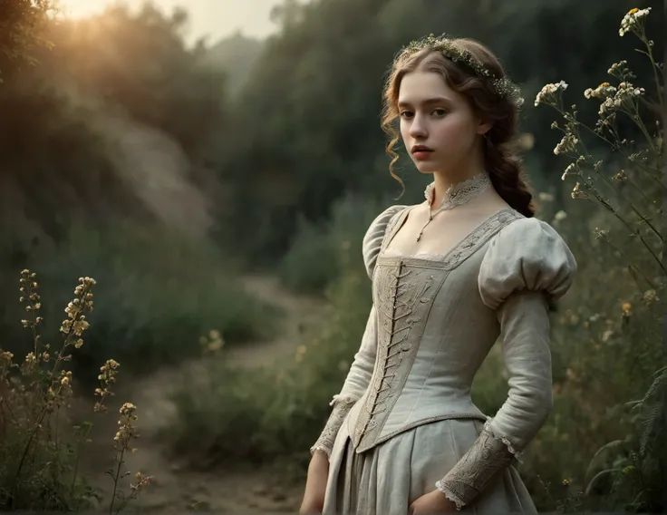 incredibly breathtaking photo characterized by exceptional realism and artistic appeal, (full body, low-key, sharp focus on subject, intricate environment scenery:1.1), sophisticated ([Spanish:Slavic:0.52] 21yo woman:1.15) with (perfect feminine anatomy:1.1) and (natural skin pigment:1.1), Inspiration John Everett, William Holman, Dante Gabriel, portrait of girl (Victorian beauty, pale, fragile), silver armor, intricate background, Leonardo da Vinci style landscape. Ocher tones, wild flowers, wild garden. Side lighting, Rembrandt lighting, immersive and captivating scene, awarded breathtaking masterpiece, (perfect feminine anatomy, perfect proportions, Perfect Hands:1.125), Sweeping cinematic lens flares, ultra crisp details, (f_stop 2.8), (focal_length 85mm f/2.8), flawlessly photographed, analog photo, masterpiece, high quality, physics simulation, (cgsociety, artstation, 8k:0.6), (red-gold-black:0.7)