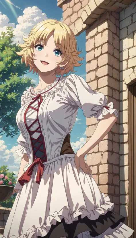 art of a girl, short hair, blonde hair, blue eyes, white blouse, red skirt, long skirt, red corset, waist apron, looking up to sky, 
blue sky with clouds on background, 
<lora:Ururu_Fleur:0.8>, <lora:PAseer-SD15-LCM Quick:0.8>