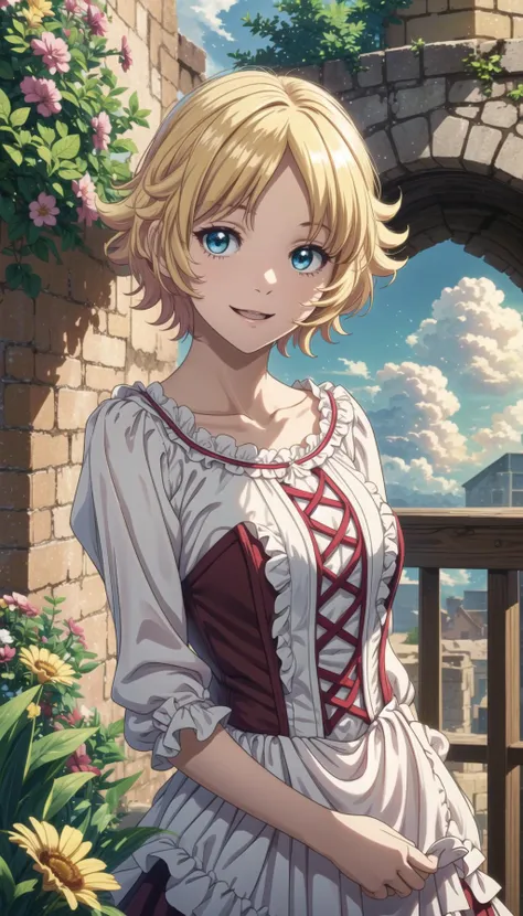 art of a girl, short hair, blonde hair, blue eyes, white blouse, red skirt, long skirt, red corset, waist apron, looking up to sky, 
blue sky with clouds on background, 
<lora:Ururu_Fleur:0.8>, <lora:PAseer-SD15-LCM Quick:0.8>