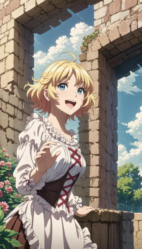 art of a girl, short hair, blonde hair, blue eyes, white blouse, red skirt, long skirt, red corset, waist apron, looking up to sky,
blue sky with clouds on background,
<lora:Ururu_Fleur:0.8>, <lora:PAseer-SD15-LCM Quick:0.8>