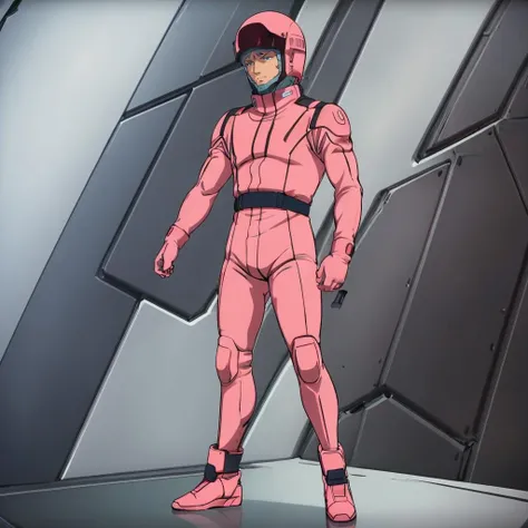 masterpiece,high quality,solo,
<lora:quattrovageena001:0.7>,
quattrovageena,1man,
blue eyes,
pink helmet,
pink pilot suit,
full body,standing,